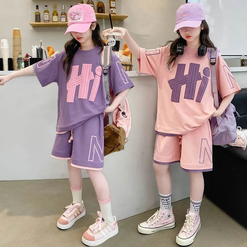 Girls Letter Print Tee and Shorts Set - Loose Summer Outfit