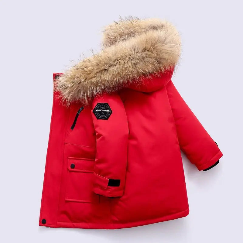 Kids Hooded Fur Collar Winter Jacket - Thick Warm Outerwear