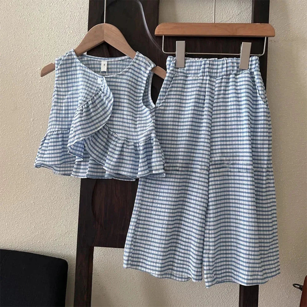 Girls Bubble Sleeve Shirt and Wide Leg Pants Set