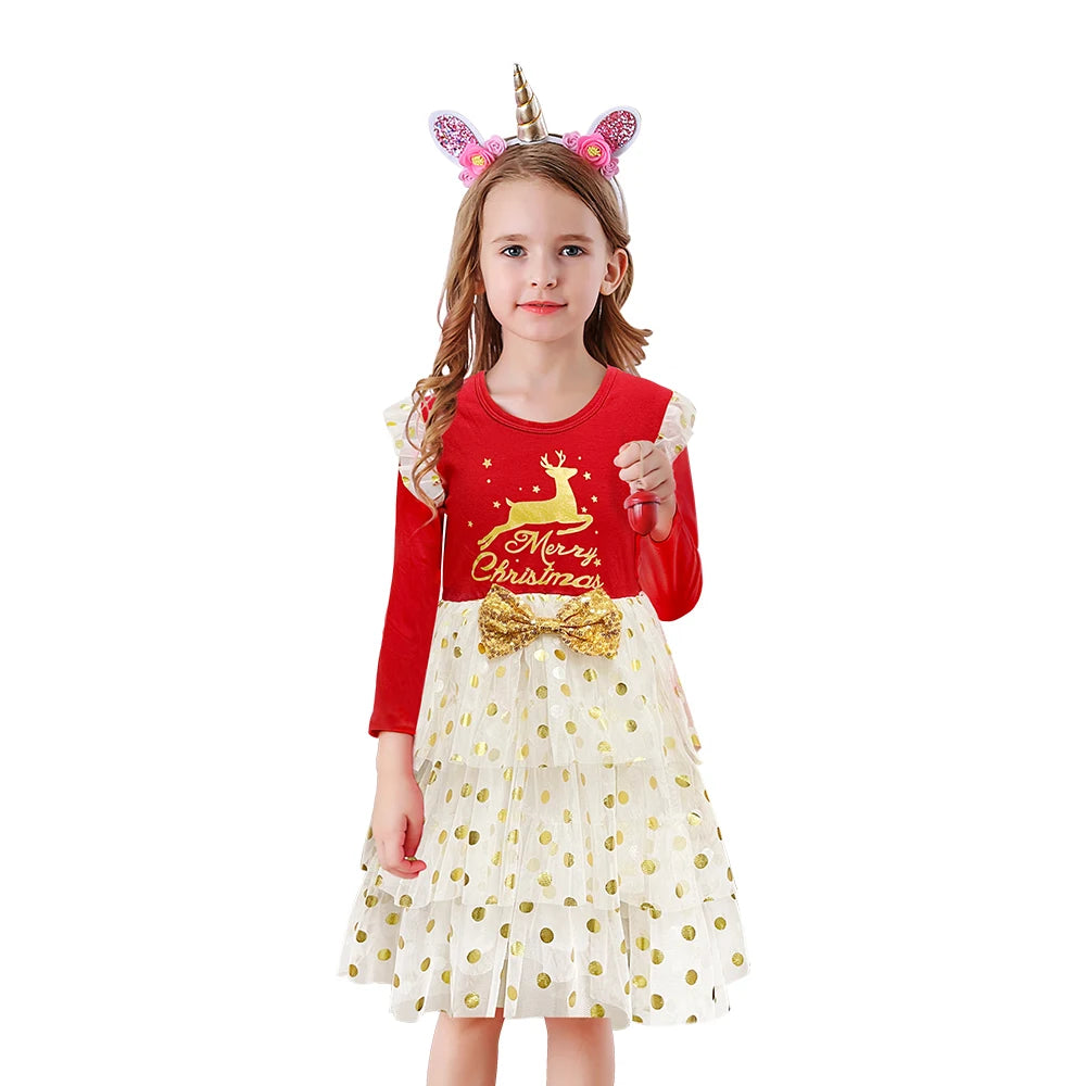 Girls Christmas Sequin Elk Party Dress - Flying Sleeve