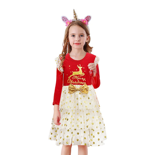 Girls Christmas Sequin Elk Party Dress - Flying Sleeve