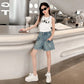 Girls Loose Fit Stretch Denim Shorts with Faux Flap Pockets