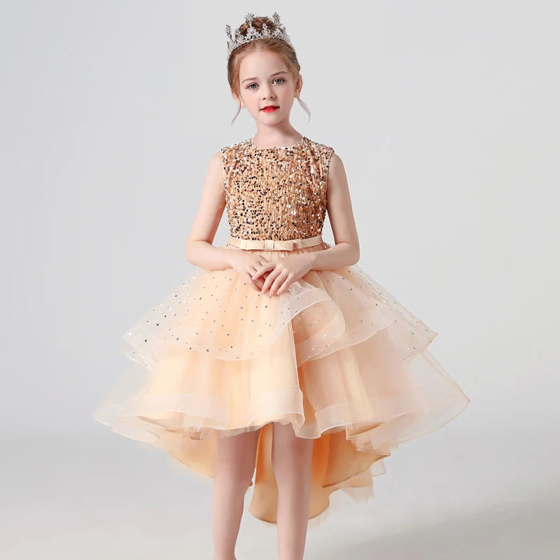 Girls Sequin Lace Sleeveless Wedding Dress - Fluffy Mesh Style