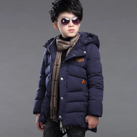 Kids Plush Hooded Padded Jacket - Medium Length Winter Coat