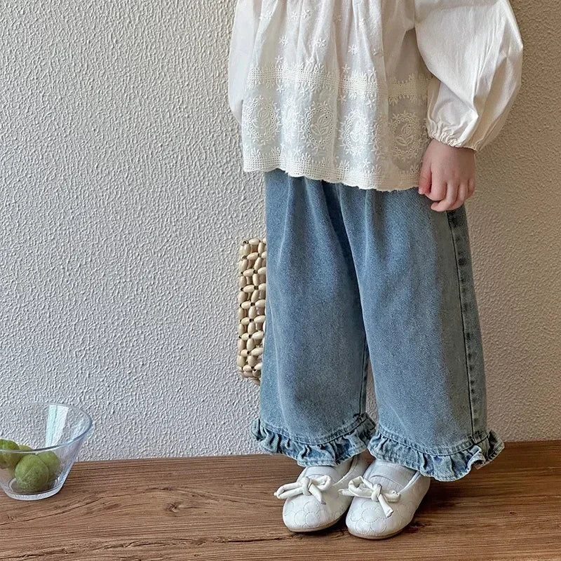 Girls Lace Wide Leg Jeans - Sweet Casual Denim Pants