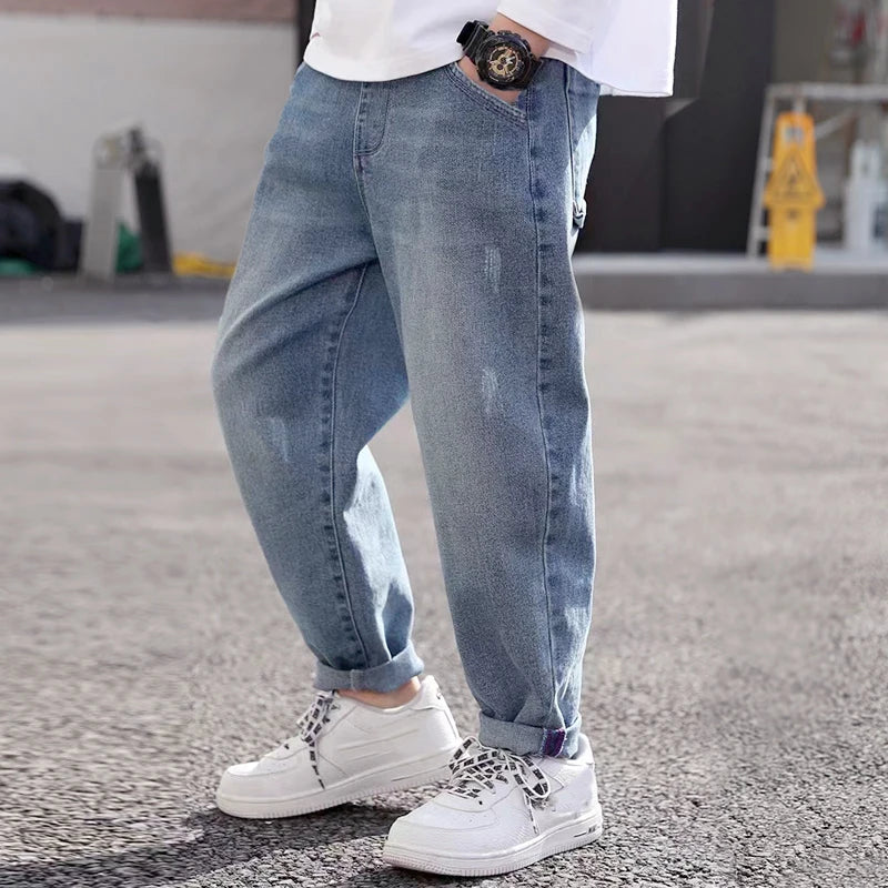 Kids Skinny Denim Trousers - Elastic Waist Sports Bottoms
