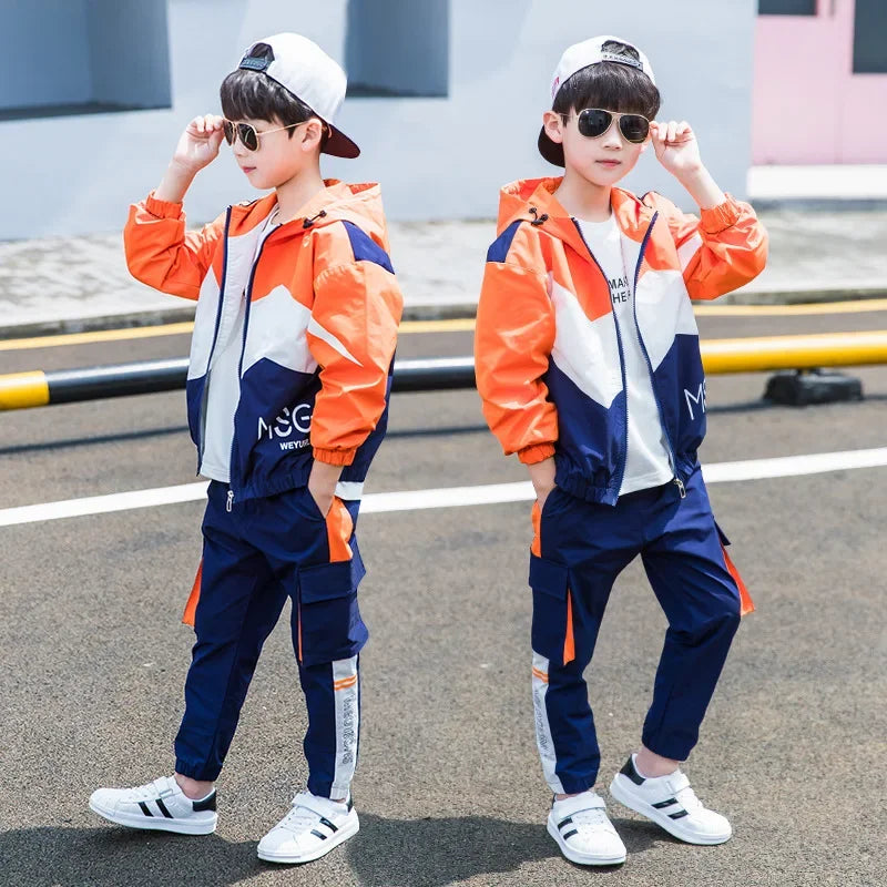 Teen Boys Hooded Tracksuit Set - Zipper Jacket and Striped Pants