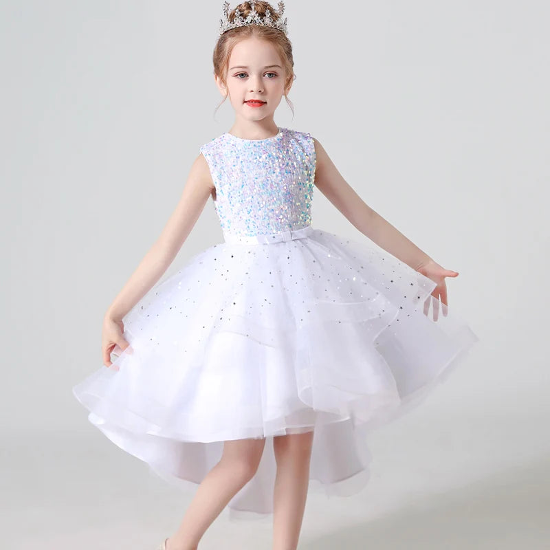 Girls Sequin Lace Sleeveless Wedding Dress - Fluffy Mesh Style