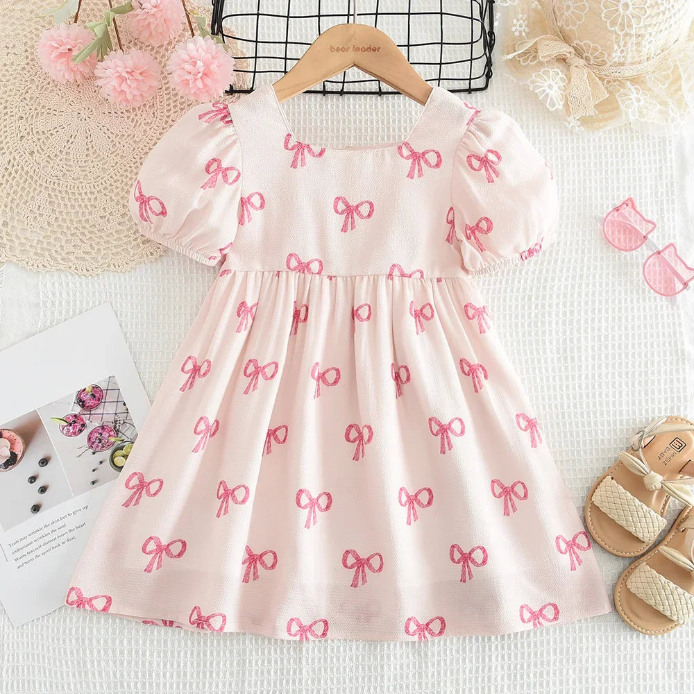 Girls Puff Sleeve Bow Print Princess Dress - Square Collar