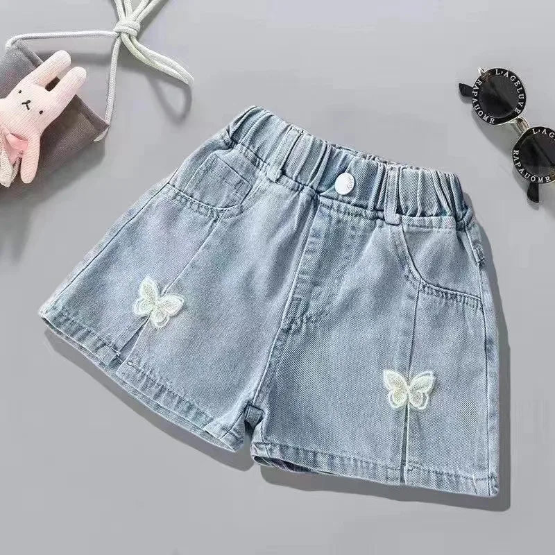 Girls Embroidered Lace Bow Denim Shorts