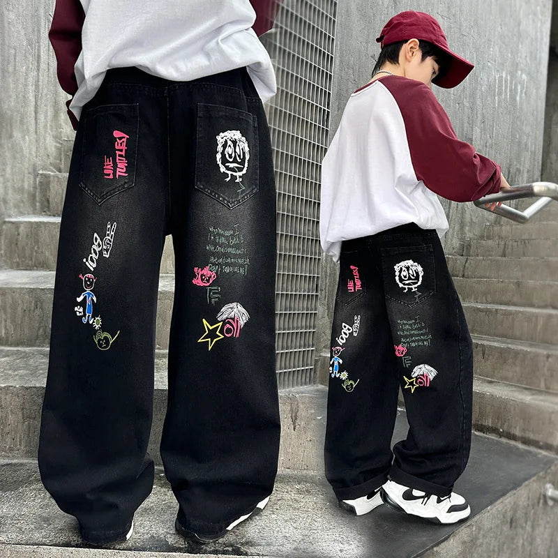 Boys Black Print Wide Leg Jeans - Washed Straight Denim Pants