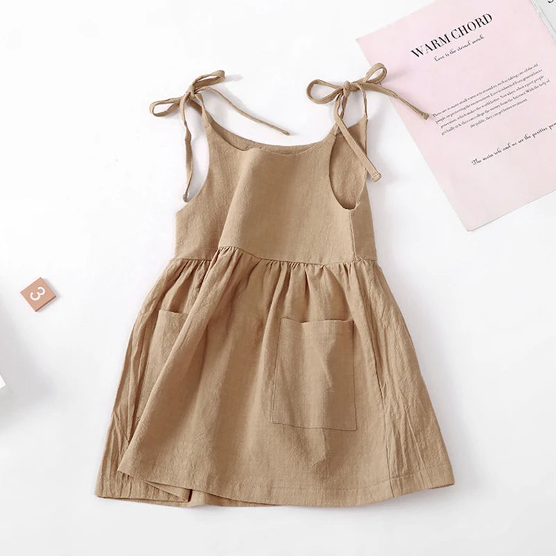 Girls Solid Suspender Summer Dress - Pocket Casual Style