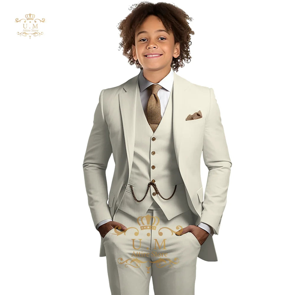 Boys Khaki 3-Piece Suit - Jacket Vest and Pants Tuxedo Set