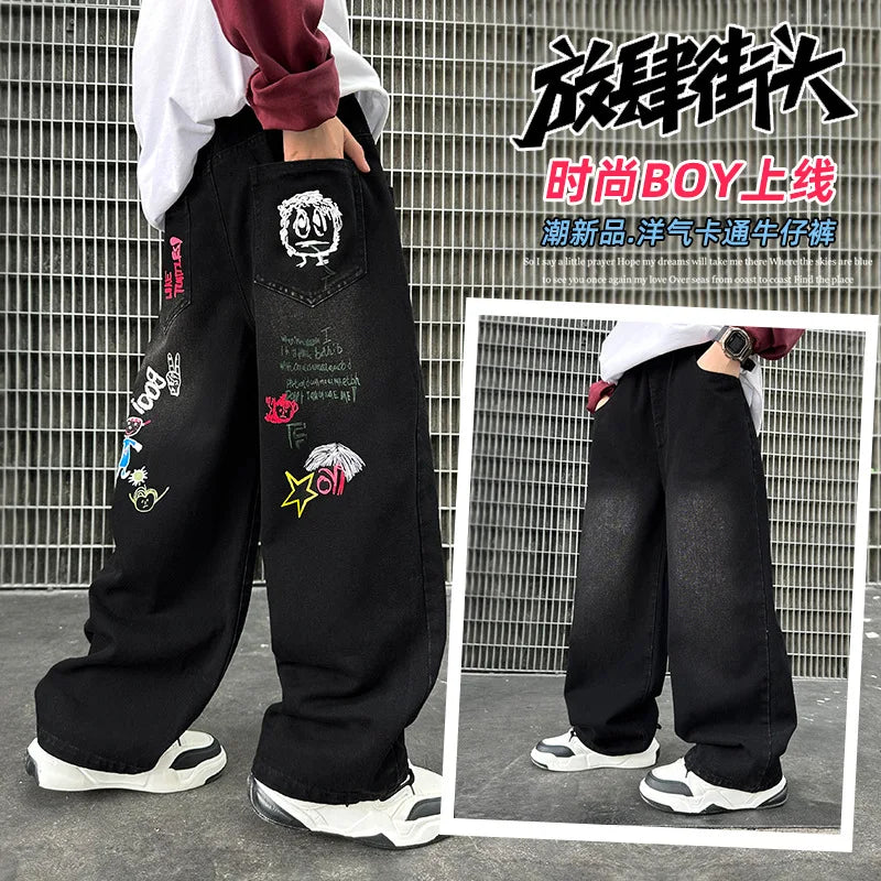Boys Black Print Wide Leg Jeans - Washed Straight Denim Pants