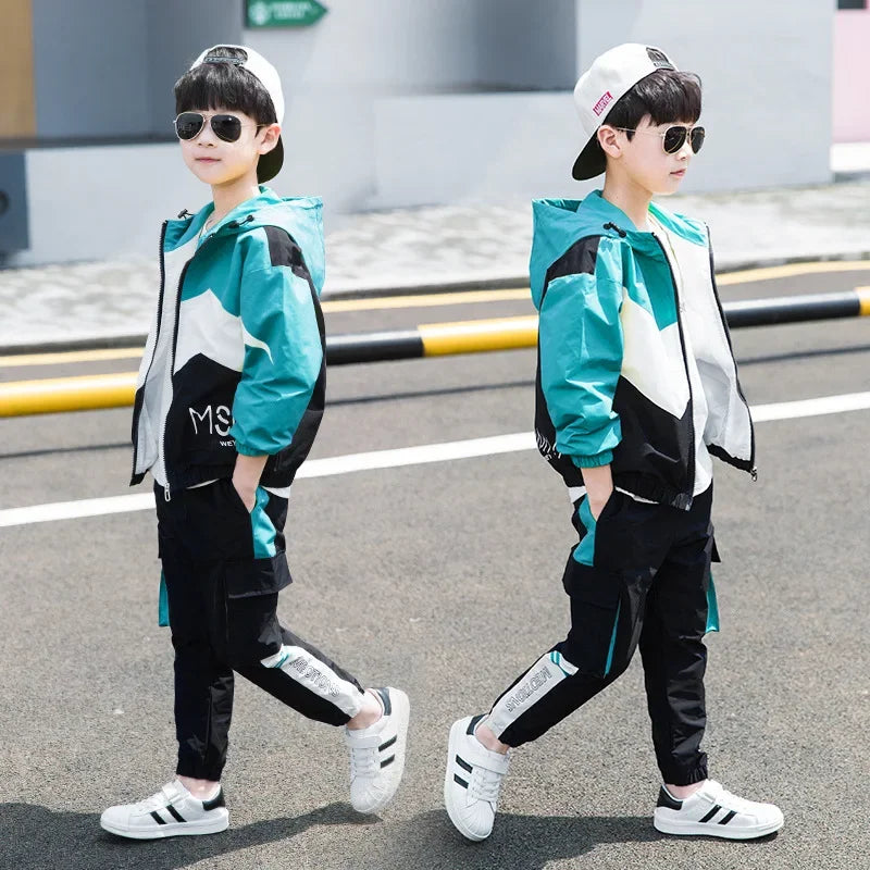 Teen Boys Hooded Tracksuit Set - Zipper Jacket and Striped Pants
