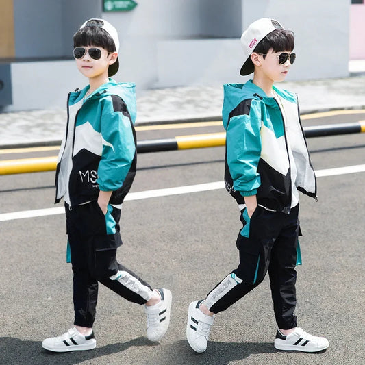 Teen Boys Hooded Tracksuit Set - Zipper Jacket and Striped Pants