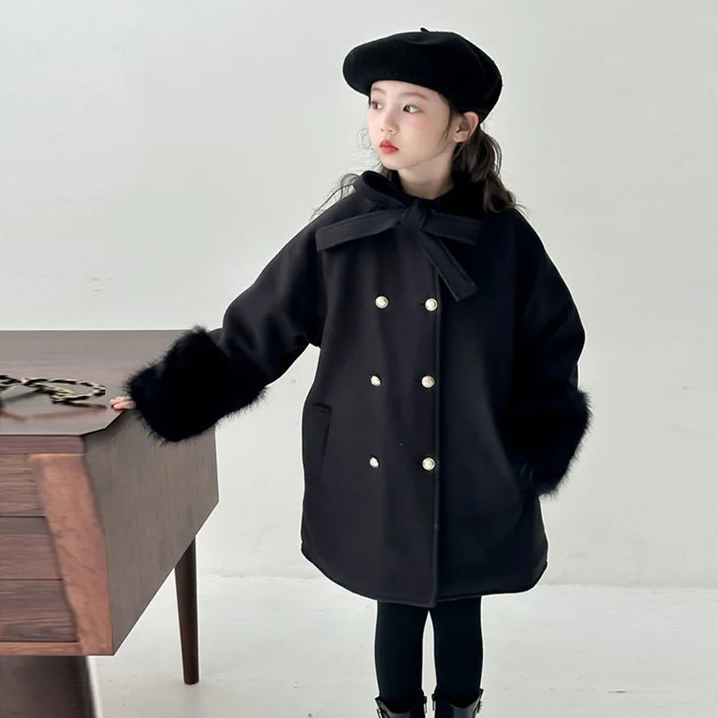 Girls Double Breasted Bow Wool Coat - Warm Winter Outerwear
