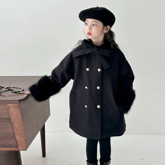 Girls Double Breasted Bow Wool Coat - Warm Winter Outerwear