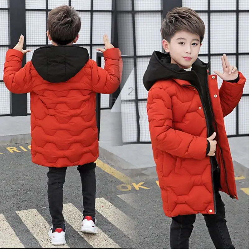 Kids Plush Hooded Padded Jacket - Medium Length Winter Coat