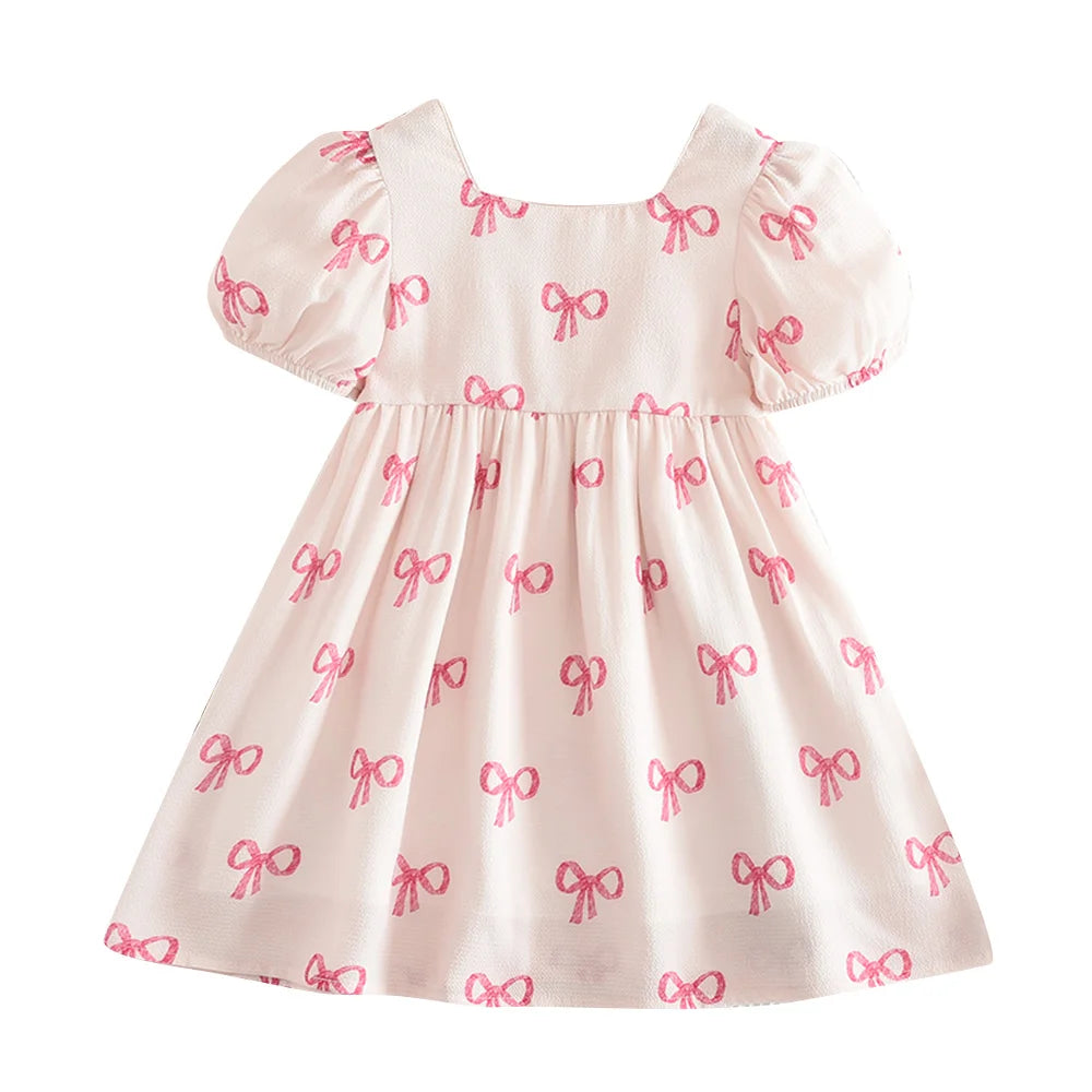 Girls Puff Sleeve Bow Print Princess Dress - Square Collar