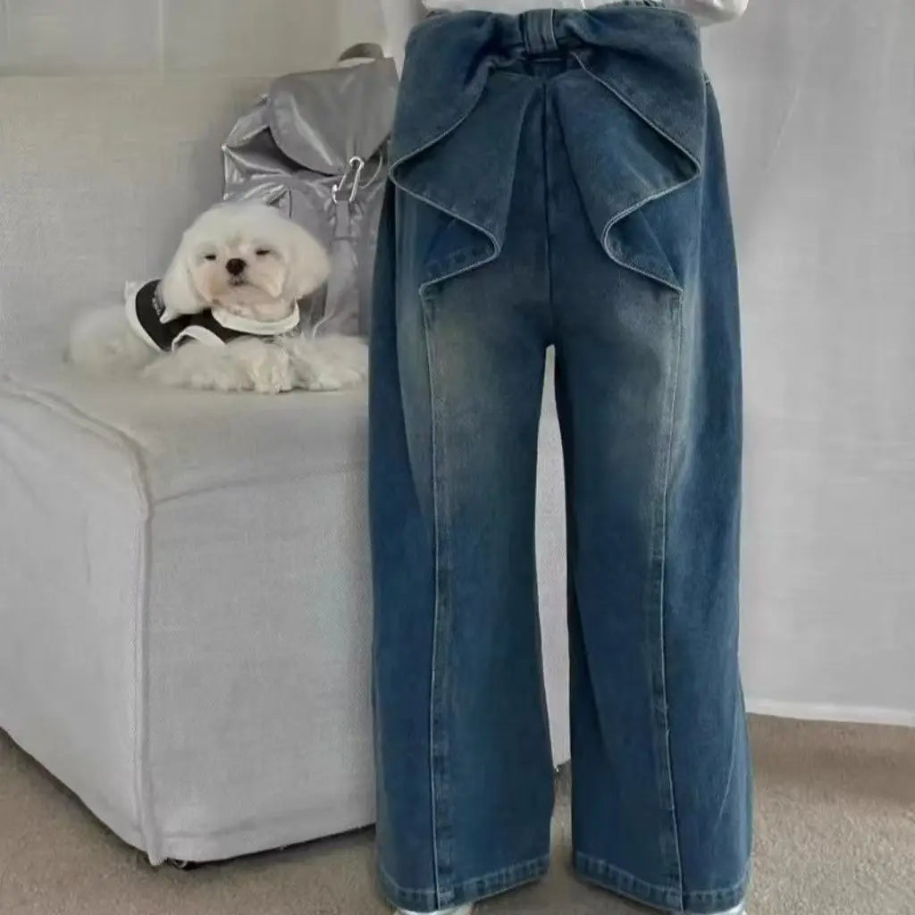 Girls Bow Detail Straight Leg Wide Leg Jeans