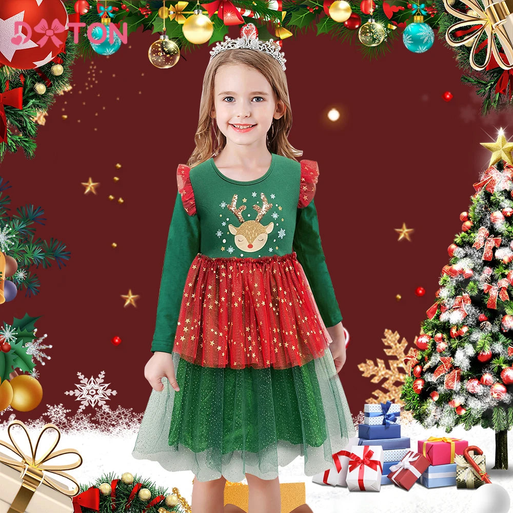 Girls Christmas Sequin Elk Party Dress - Flying Sleeve