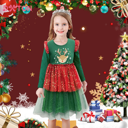 Girls Christmas Sequin Elk Party Dress - Flying Sleeve