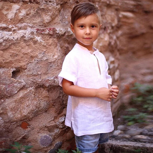 Boys Linen Cotton T-Shirt - Solid Short Sleeve Round Neck Top