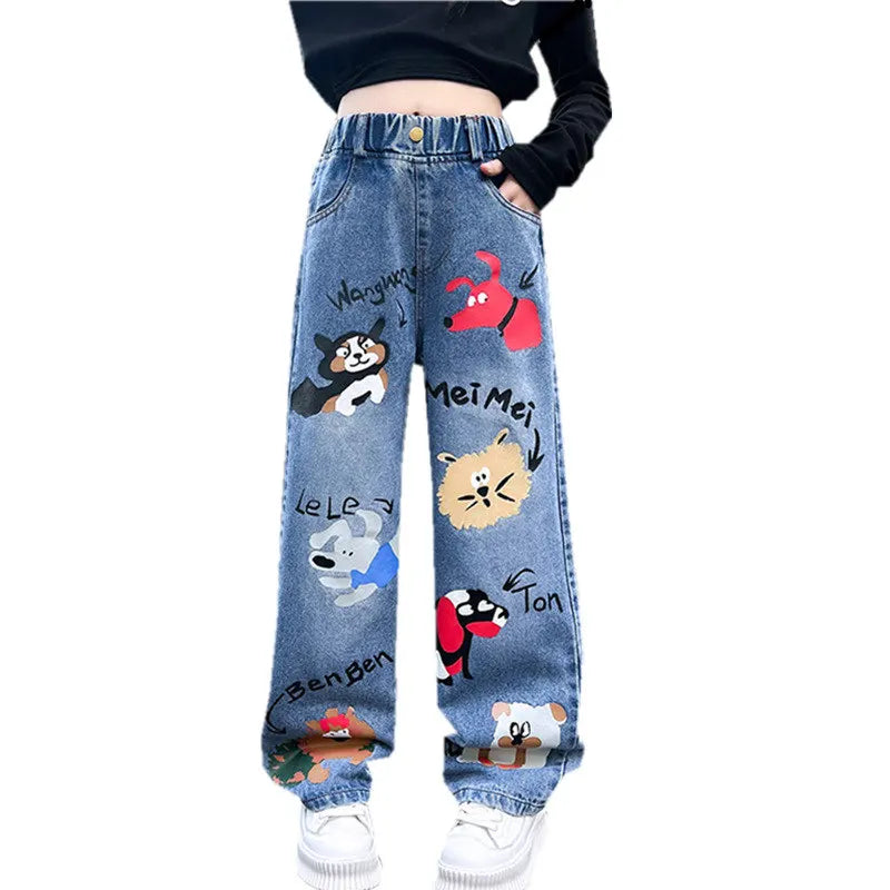 Girls Cartoon Print Elastic Waist Wide Leg Jeans