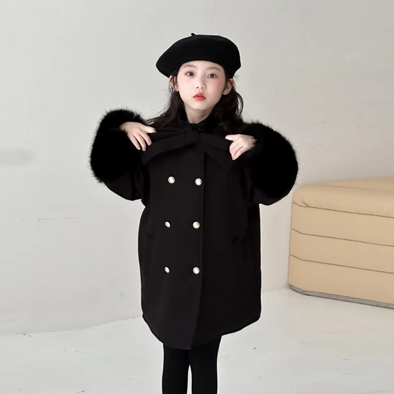 Girls Double Breasted Bow Wool Coat - Warm Winter Outerwear