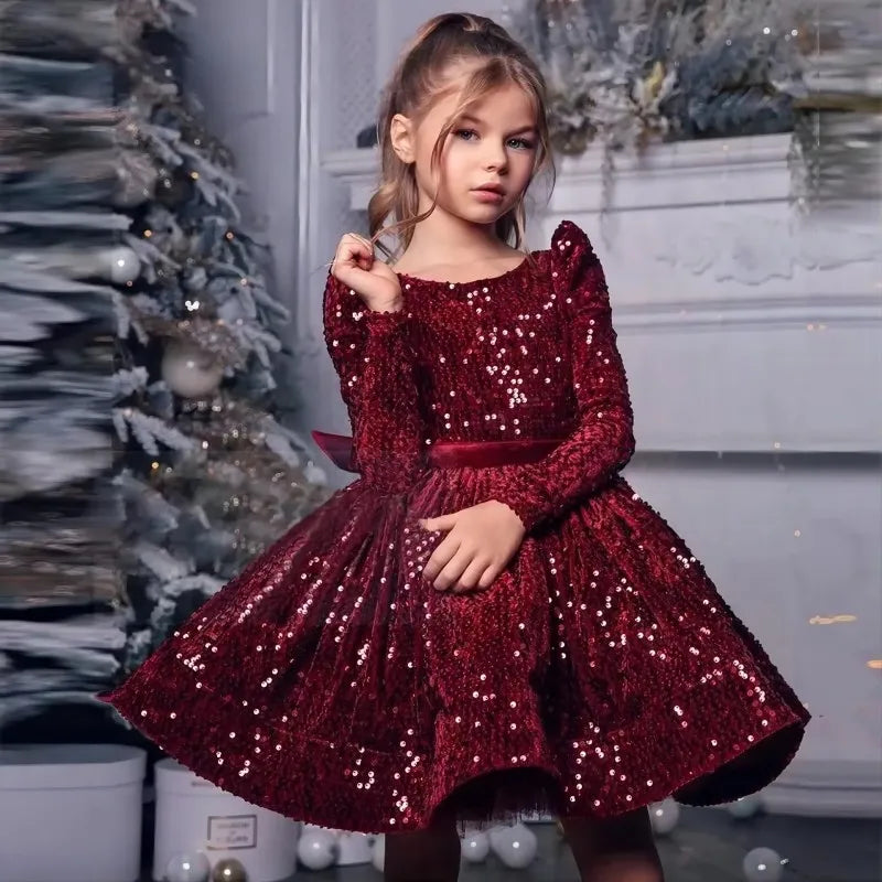 Baby Girls Long Sleeve Christmas Sequin Dress - Vintage Bow Gown