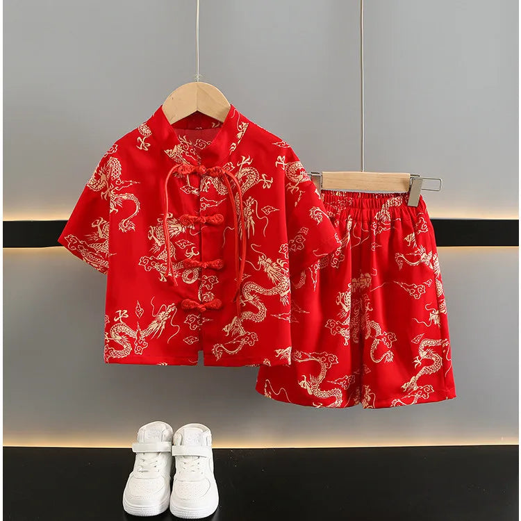 Boys Tang Style Hanfu Set - Short Sleeve Two-Piece Summer Outfit