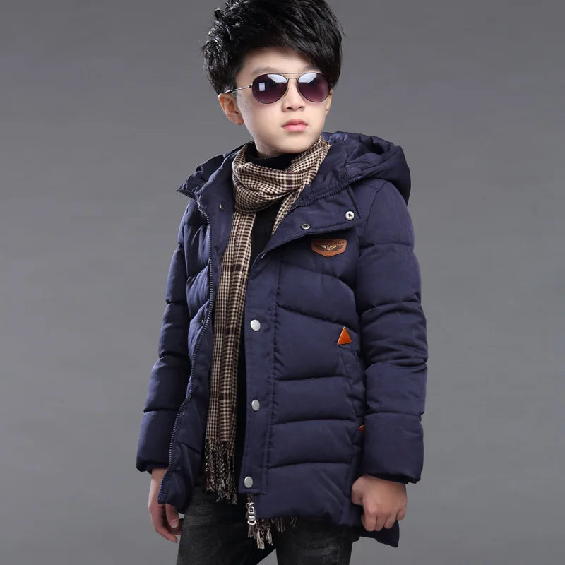 Kids Plush Hooded Padded Jacket - Medium Length Winter Coat