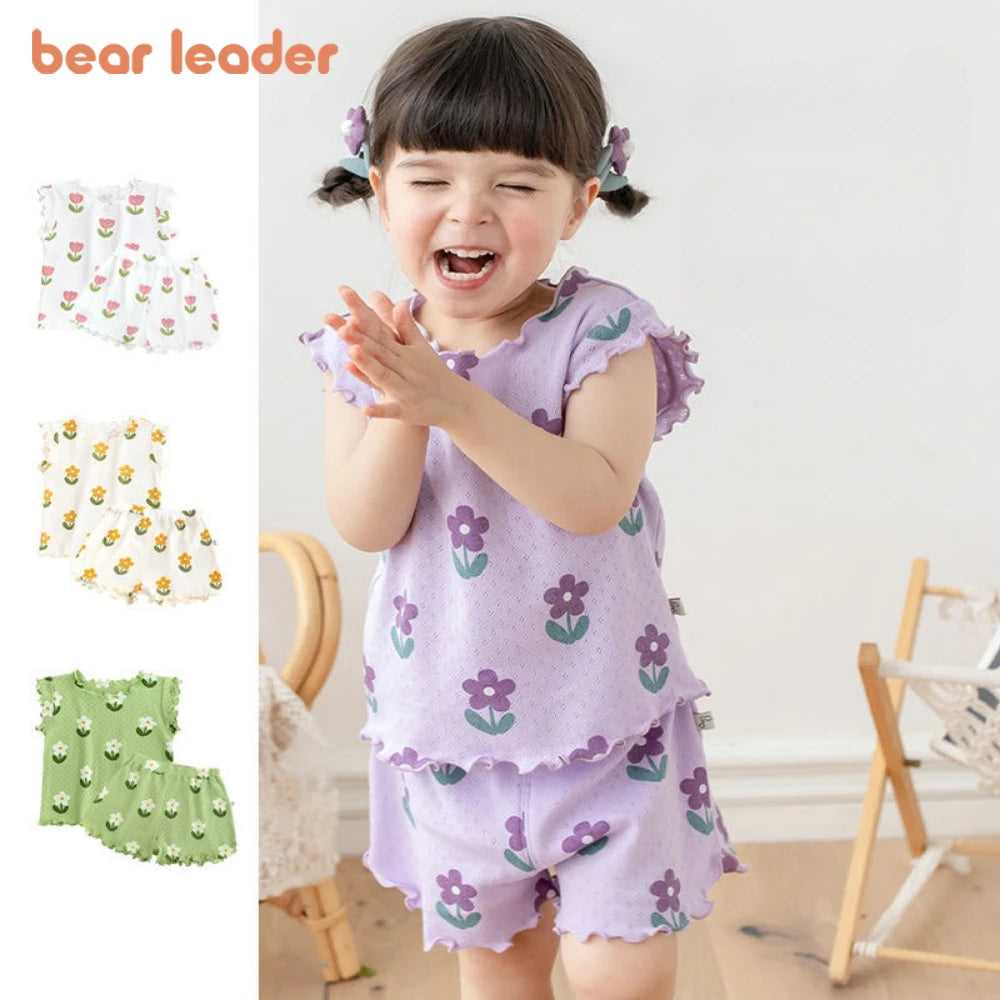Baby Girls Flower Print Pajama Set - Short Sleeve Summer Outfit