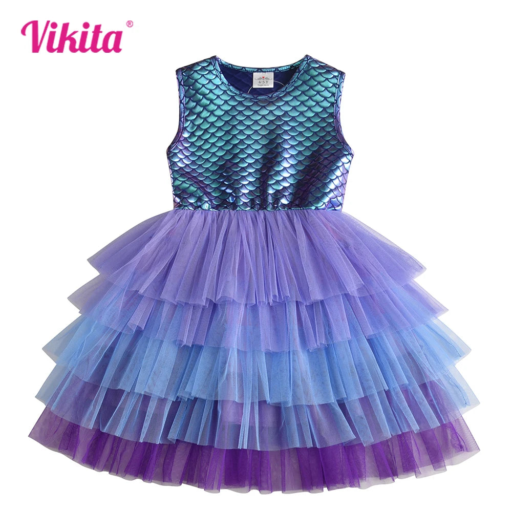 Girls Mermaid Print Sleeveless Tutu Dress - Summer Party