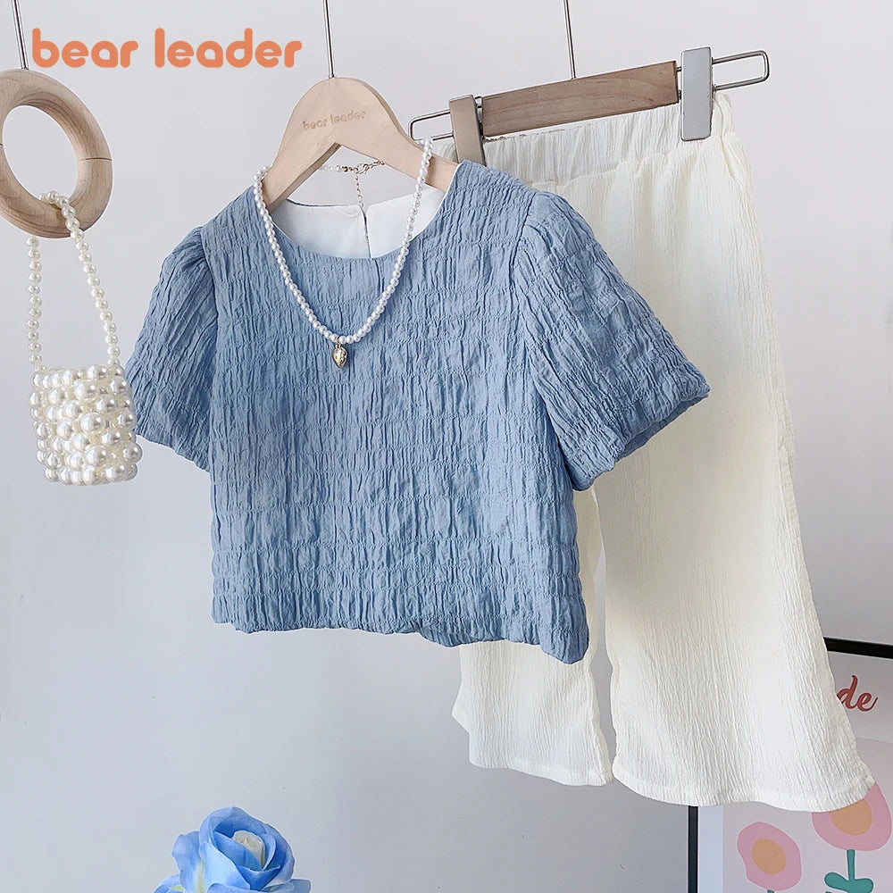 Girls Bubble Sleeve Shirt and Wide Leg Pants Set