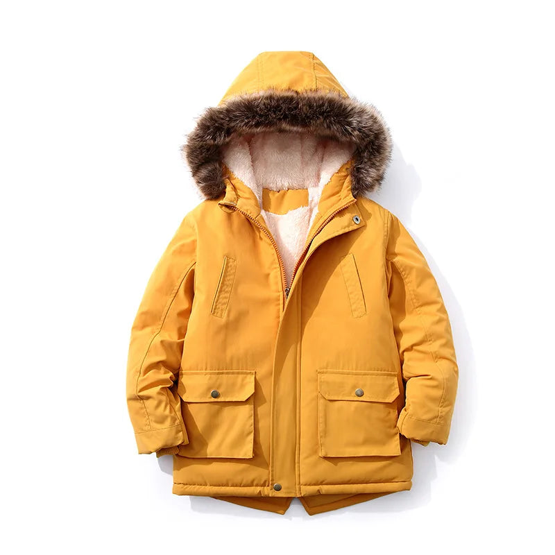 Kids Plush Hooded Padded Jacket - Medium Length Winter Coat