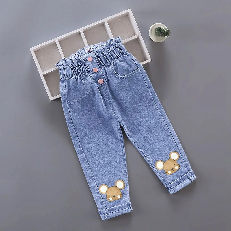 Girls Floral Graffiti Denim Pants - Cartoon Casual Jeans