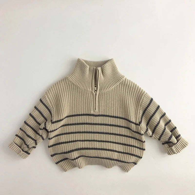 Kids Striped Half-Zip Pullover - Stand Collar Autumn Sweater