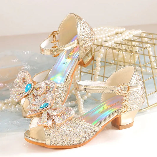 Girls Rhinestone Bow Heel Sandals for Parties
