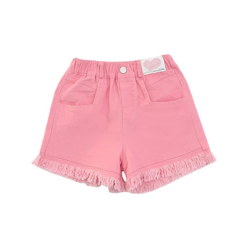 Girls Elastic Waist Pink White Denim Shorts