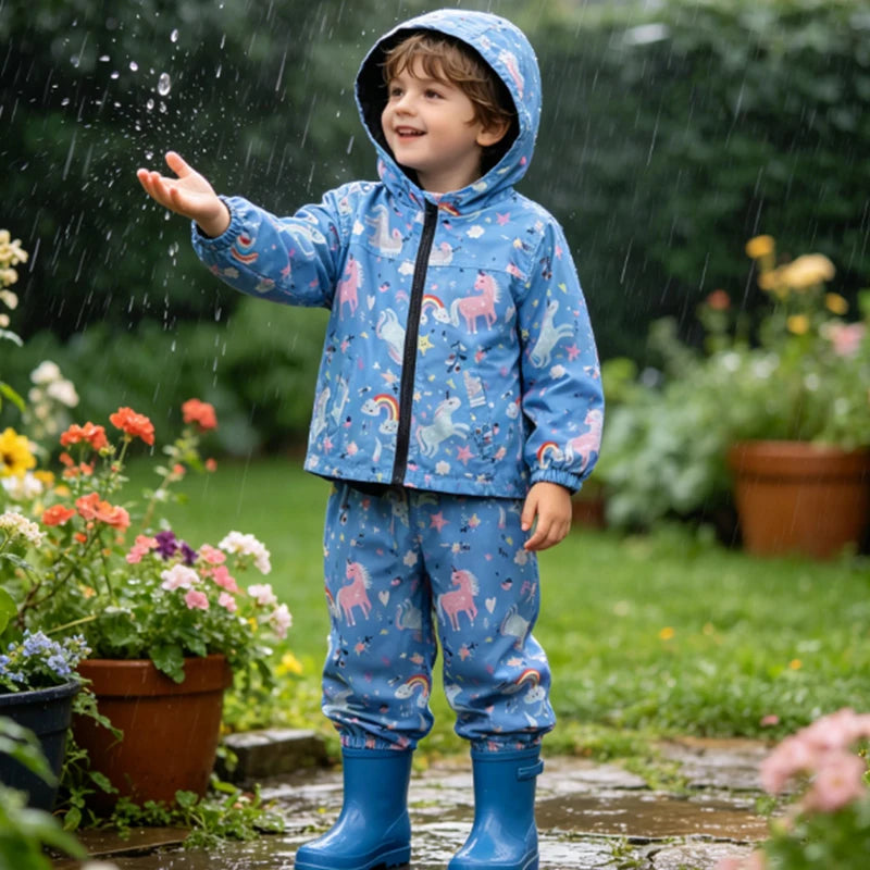 Kids Waterproof Hoodie Coat and Pants Set - Warm Rain Outfit