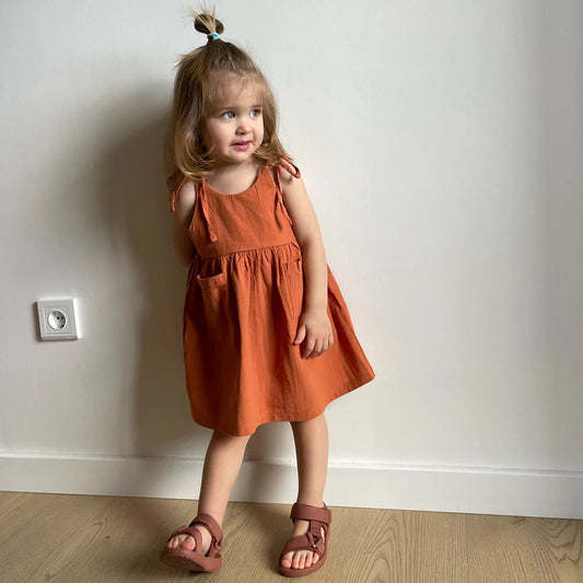 Girls Solid Suspender Summer Dress - Pocket Casual Style