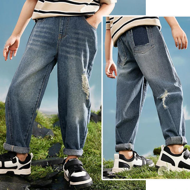 Boys Skinny Denim Jeans - Elastic Waist Casual Trousers