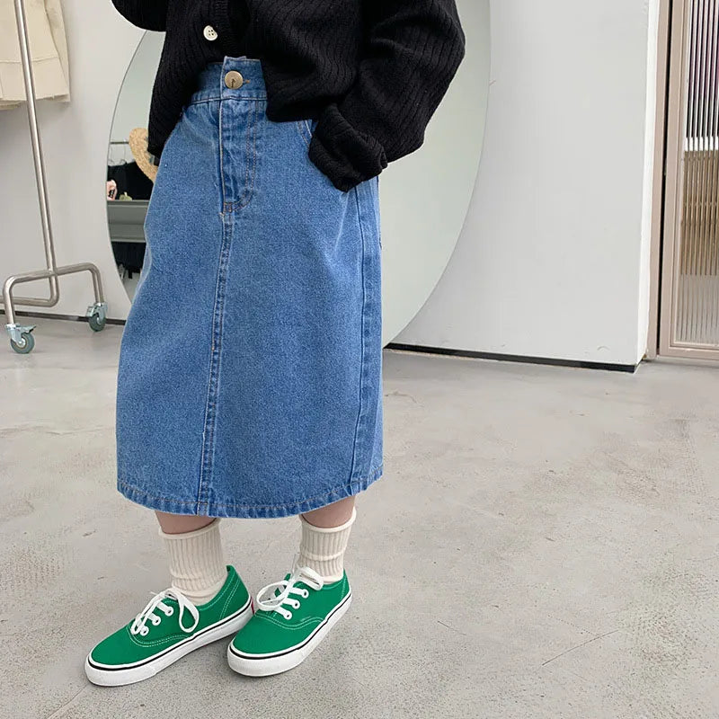 Girls Korean Style Mid Length A-Line Pocket Skirt