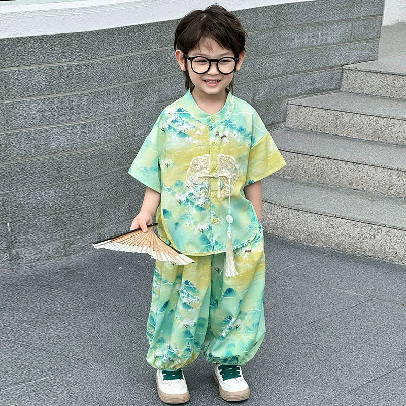 Boys Tang Style Hanfu Set - Short Sleeve Two-Piece Summer Outfit