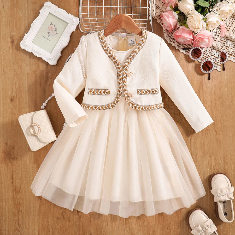 Girls White Autumn Princess Dress - Knee-Length Party Style