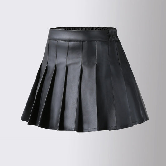Girls High Waist Pleated PU Leather Mini Skirt