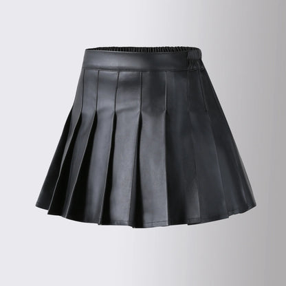 Girls High Waist Pleated PU Leather Mini Skirt