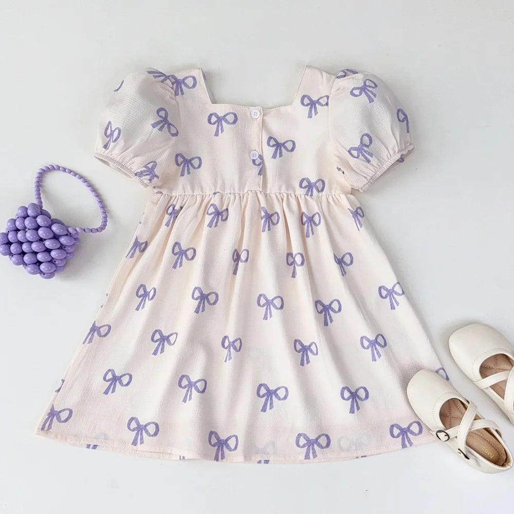 Girls Puff Sleeve Bow Print Princess Dress - Square Collar